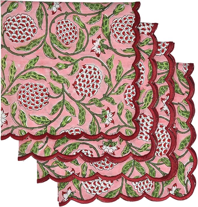 Ridhi Strawberry Pink Hand Block Print Napkins 18" x 18" Set of 4 Reusable by Ridhi