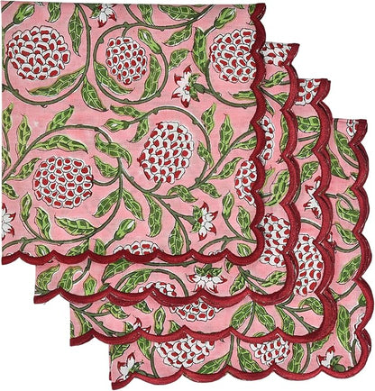 Ridhi Strawberry Pink Hand Block Print Napkins 18" x 18" Set of 4 Reusable by Ridhi