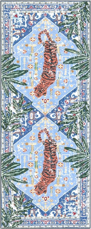 Oriental Tropical Kitchen Runner Rug 2x5 Washable, Thin Stain Resistant Blue - Image 6