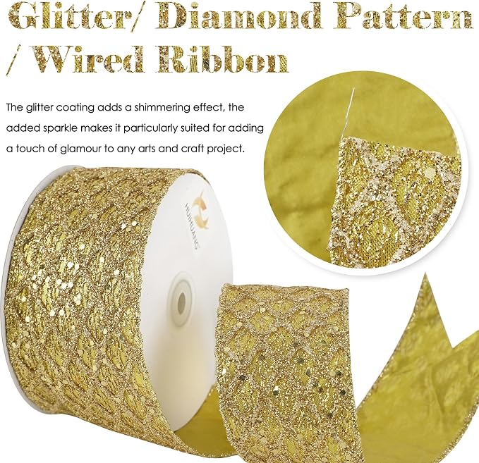 HUIHUANG Gold Glitter Wired Ribbon - Image 2