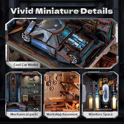 3D Wood Puzzle Book Nook Kit, Automobile Workshop Miniature Bookshelf Insert - Image 3