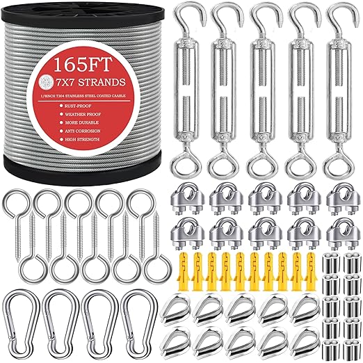 165FT Steel Cable Kit | M5 Turnbuckle & 1/8" Stainless Steel Wire Rope by GZFTMKOBNS