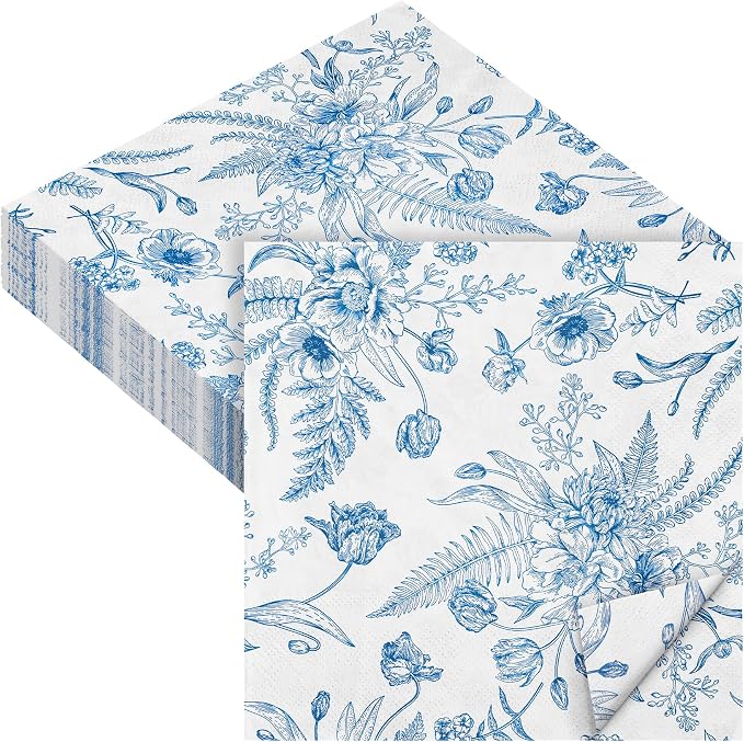 Aodaer 48 Pieces Floral Paper Napkins Disposable Blue Floral Napkins Blue and by Aodaer