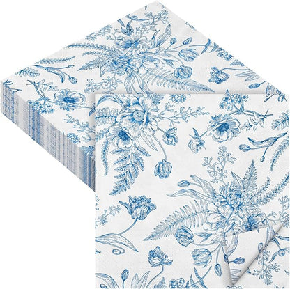 Aodaer 48 Pieces Floral Paper Napkins Disposable Blue Floral Napkins Blue and by Aodaer