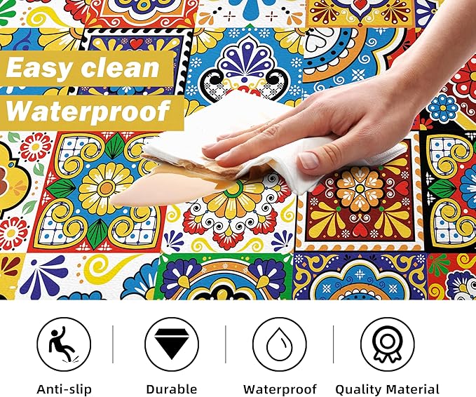 Boho Kitchen Rugs Set 2 Memory Foam Colorful Ceramic Comfort Tile Floor Mat - Image 4