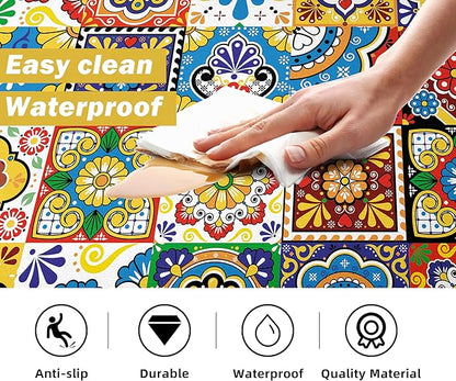 Boho Kitchen Rugs Set 2 Memory Foam Colorful Ceramic Comfort Tile Floor Mat - Image 4