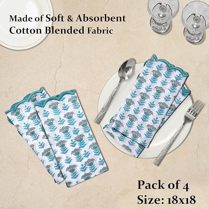 Ridhi Aquamarine Blue Hand Block Print Napkins 18" x 18" Set of 4 Reusable - Image 2