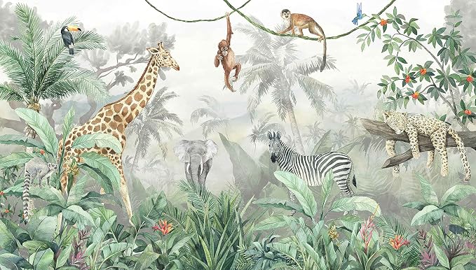 Kids Wallpaper Tropical Leves and Safari Animals Wall Mural - Image 2