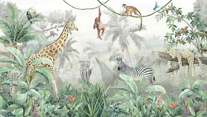 Kids Wallpaper Tropical Leves and Safari Animals Wall Mural - Image 2