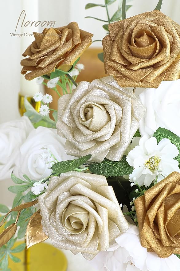 Floroom Artificial Flowers 25pcs Real Looking Gold & Champagne Gold Foam Fake - Image 5