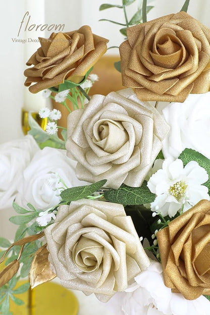 Floroom Artificial Flowers 25pcs Real Looking Gold & Champagne Gold Foam Fake - Image 5