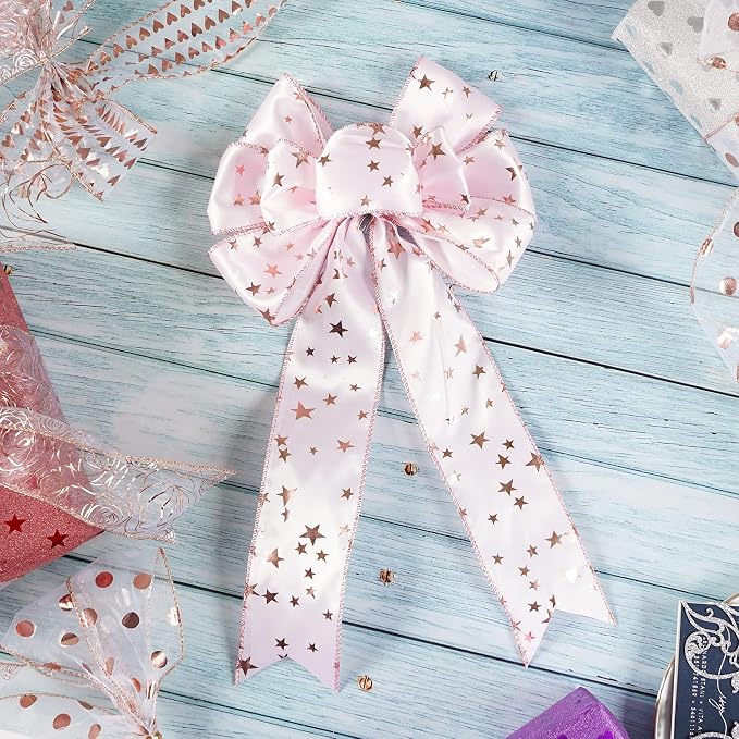 MEEDEE Rose Gold Star Satin Wired Ribbon - Image 4