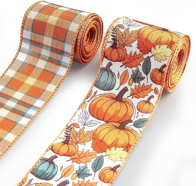 2 Rolls 2.5 Inch x 10 Yards Thanksgiving Fall Wired Ribbon by Habbiful