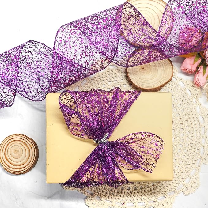 CT CRAFT LLC Sparkling Glitter Mesh Wired Ribbon 4" x 10 Yards Purple - Image 5