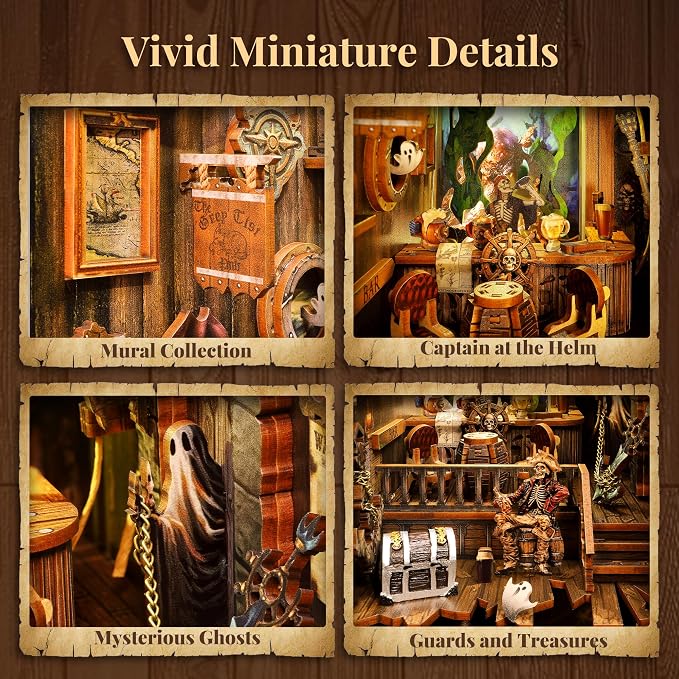 3D Wood Puzzle Book Nook Kit, Pirate Bookshelf Insert - Image 3