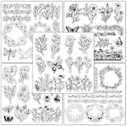 Whaline 5 Sheets Wildflower Clear Stamps Floral Leaves Butterfly Silicone by Whaline