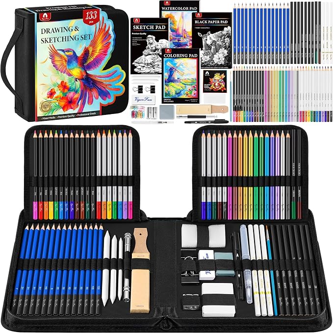 133 PCS Art Supplies Sketching Kit, Pro Drawing Pencils by Vigorfun