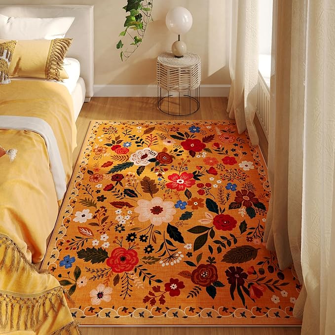 Rugcomf Area Rug 4x6 Rug Washable Boho Rugs Non Slip Low Pile Floral Small - Image 5