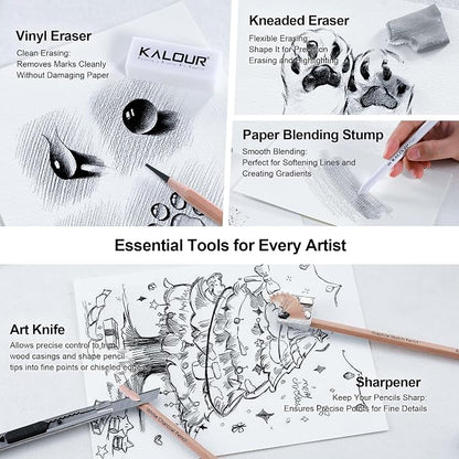 KALOUR 28 Pro Sketching Drawing Pencils Set – 14 Graphite Pencils, Charcoal - Image 6