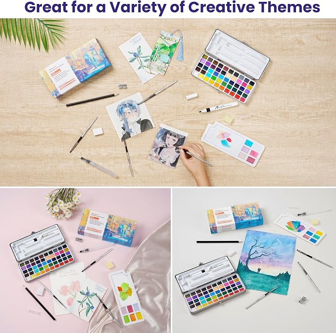 Watercolor Paint Set, 50 Colors, 4 Brushes, 3 Swatch Cards, Acrylic Marker Pen - Image 3