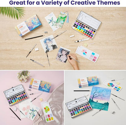 Watercolor Paint Set, 50 Colors, 4 Brushes, 3 Swatch Cards, Acrylic Marker Pen - Image 3