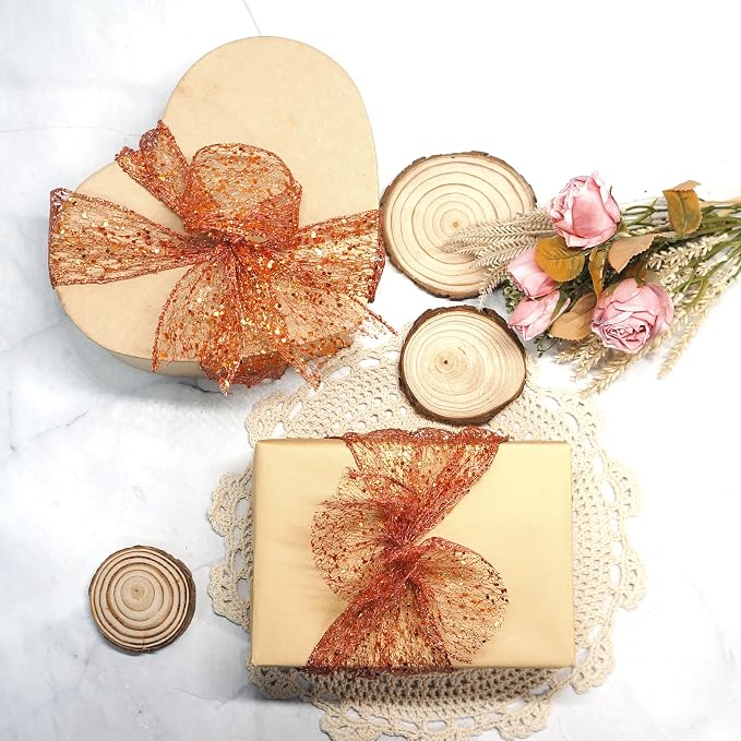 CT CRAFT LLC Sparkling Glitter Mesh Wired Ribbon 2.5" x 10 Yards Bronze Orange - Image 4