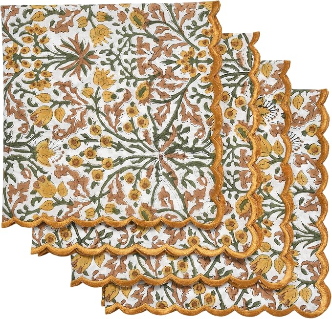 Ridhi Goldenrod Yellow Fern Green Hand Block Print Napkins 18" x 18" Set of 4 by Ridhi