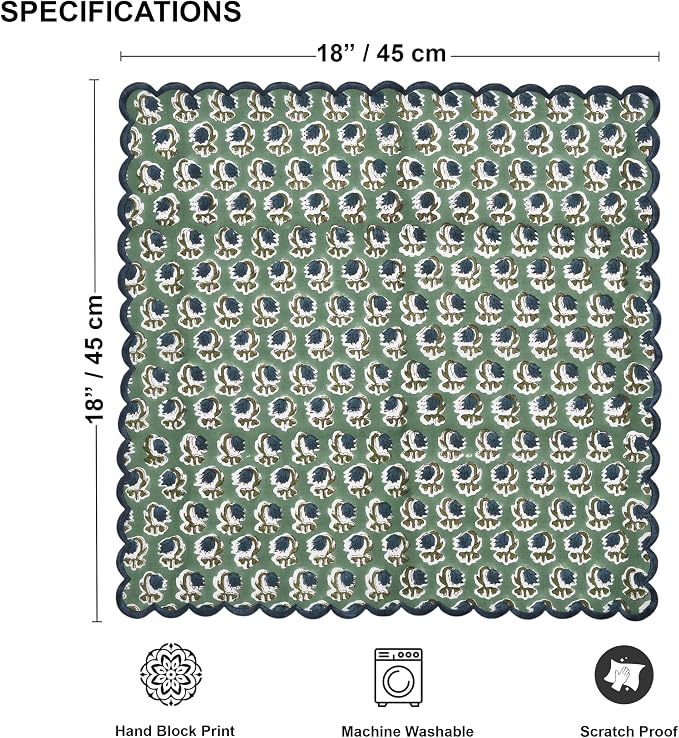 Ridhi Basil GreenHand Block Print Napkins 18" x 18" Set of 4 Reusable Cotton - Image 3