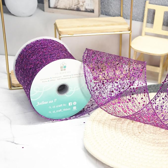 CT CRAFT LLC Sparkling Glitter Mesh Wired Ribbon 4" x 10 Yards Purple - Image 4