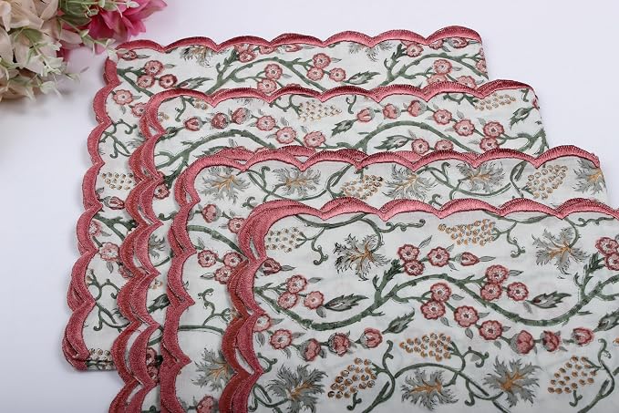 Ridhi Coral Pink Hand Block Print Napkins 18" x 18" Set of 4 Reusable Cotton - Image 7