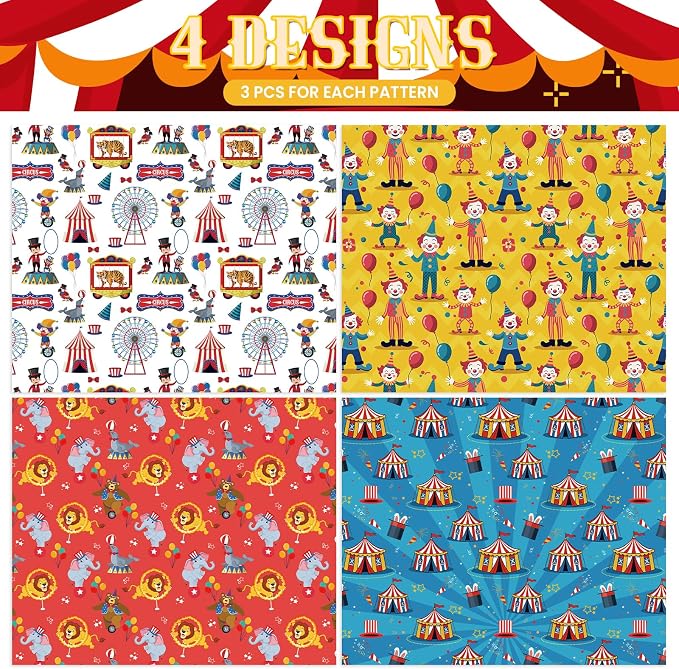 Pineraap 12 Sheets Circus Wrapping Paper, Cute Circus Acrobatic Clown Ferris - Image 3