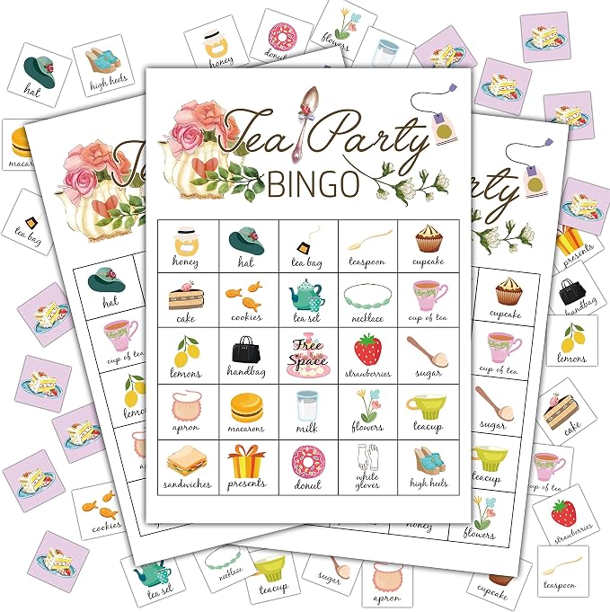 Tea Party Bingo Cards, Tea Bridal Party Games Bingo Cards, School Party by Disfuco