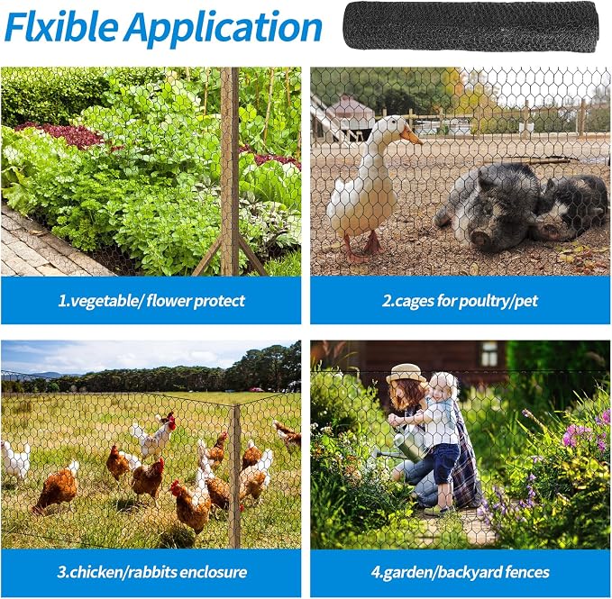 60'' x 150' Black Chicken Wire Mesh Fence, 20 Gauge Galvanized Poultry Netting - Image 6