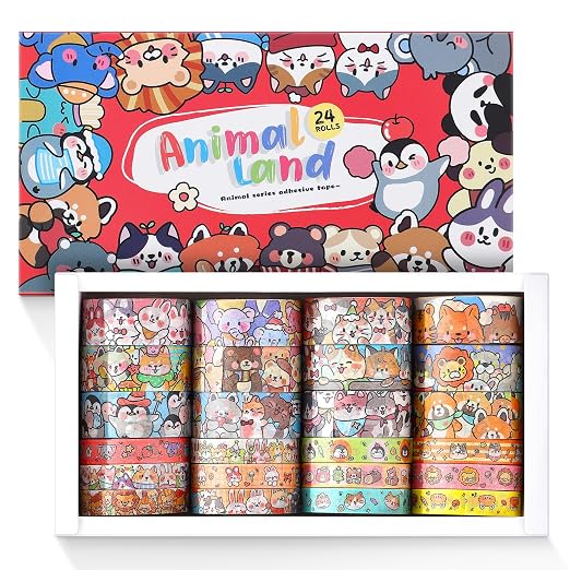 24 Rolls Colorful Cute Cartoon Animal Writable Washi Tape Set, Decorative Tapes by PAGEMORE