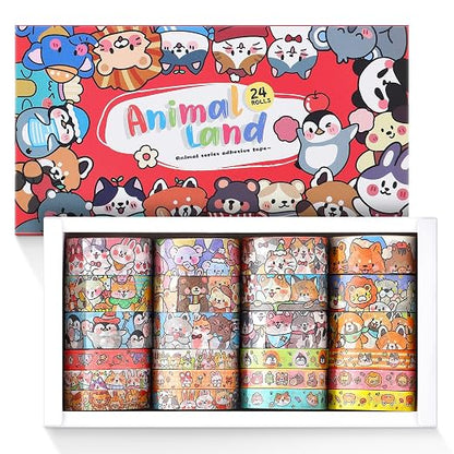 24 Rolls Colorful Cute Cartoon Animal Writable Washi Tape Set, Decorative Tapes by PAGEMORE