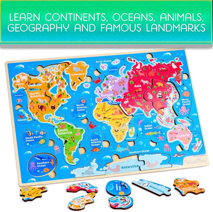 Montessori Mama World Map Wooden Puzzle, Continents and Oceans Puzzles - Image 2