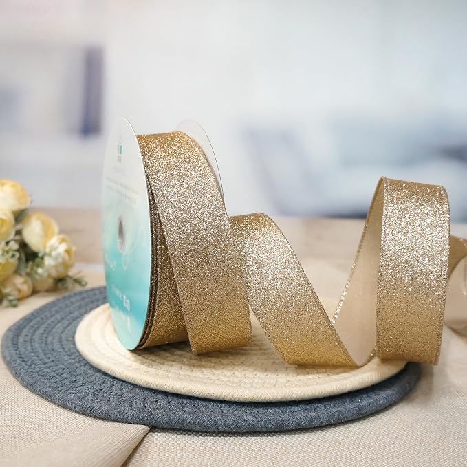 CT CRAFT LLC Glitter Wired Ribbon 1.5" x 20 Yards Gold - Image 4
