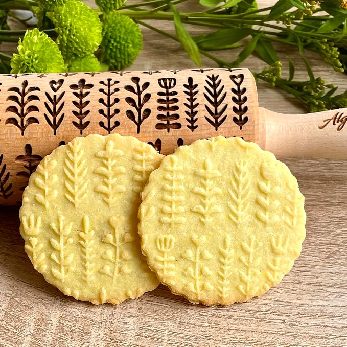 HERBS Embossing rolling pin. Leafy green and flowering plants on embossed dough by ALGISCRAFTS