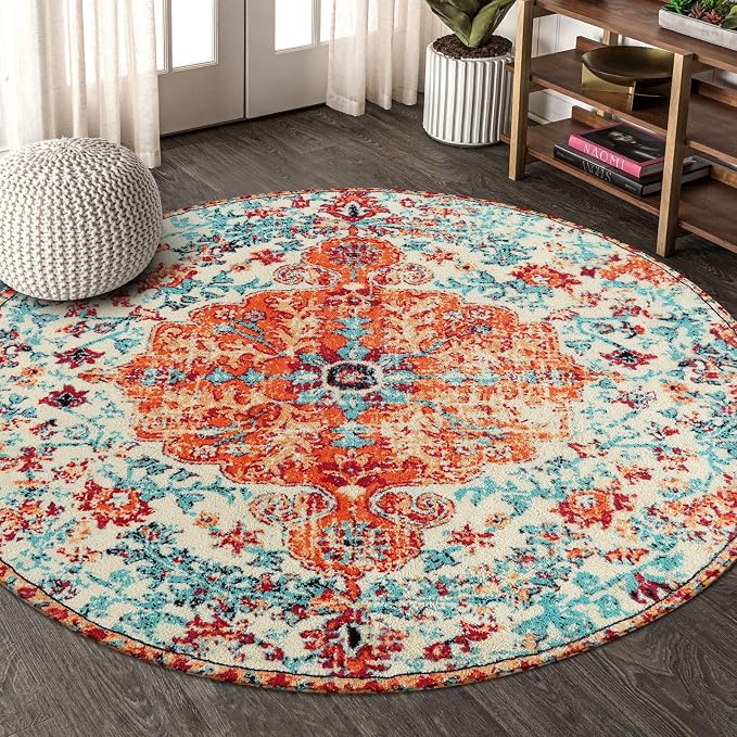 Lahome Bohemian Floral Medallion Round Rug - 4Ft Soft Bedroom Area Rug Oriental by Lahome