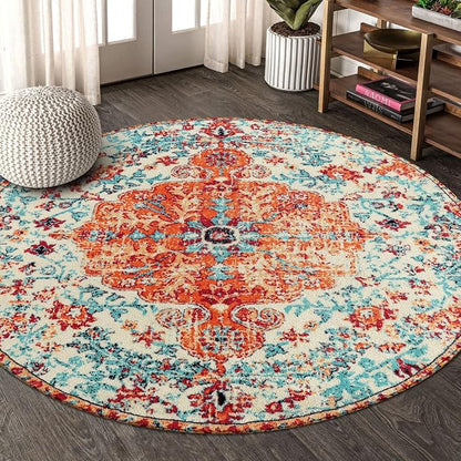 Lahome Bohemian Floral Medallion Round Rug - 4Ft Soft Bedroom Area Rug Oriental by Lahome