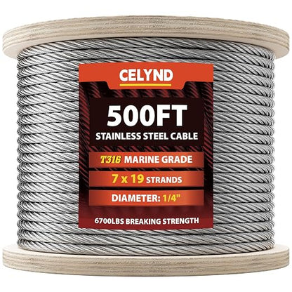 Stainless Steel Cable for Railing - 500FT 1/4" T316 Wire Rope - 7 x 19 Strands by CELYND