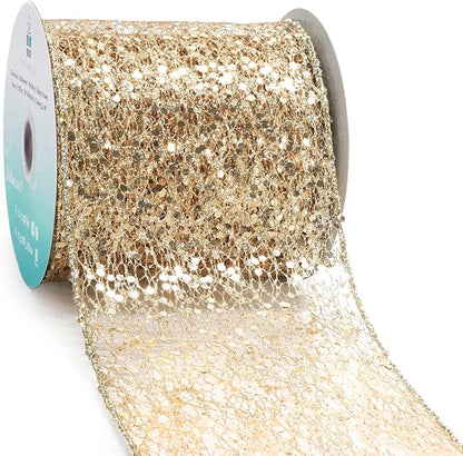 CT CRAFT LLC Sparkling Glitter Mesh Wired Ribbon 4" x 10 Yards Champagne Gold by CTCRAFTLLC