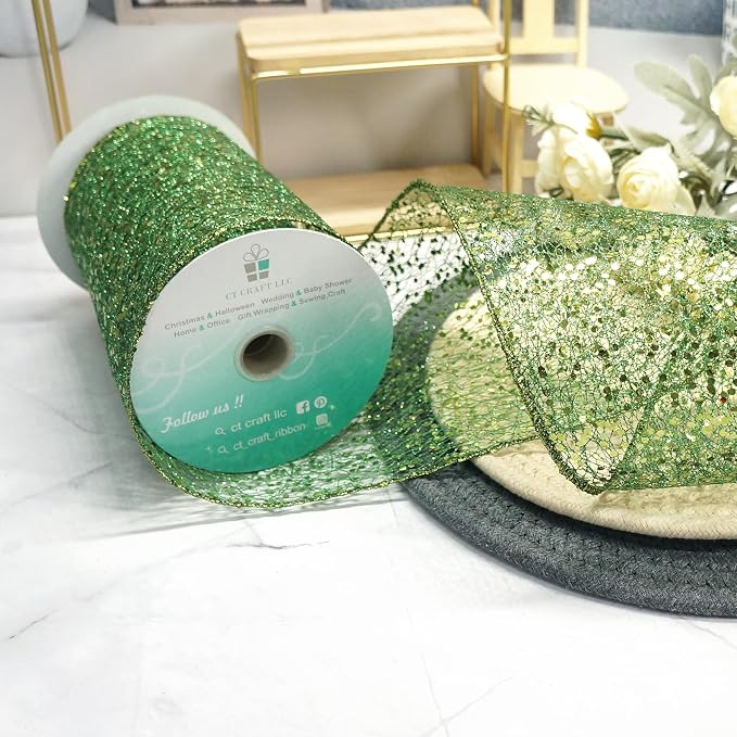 CT CRAFT LLC Sparkling Glitter Mesh Wired Ribbon 6" x 10 Yards Green - Image 4