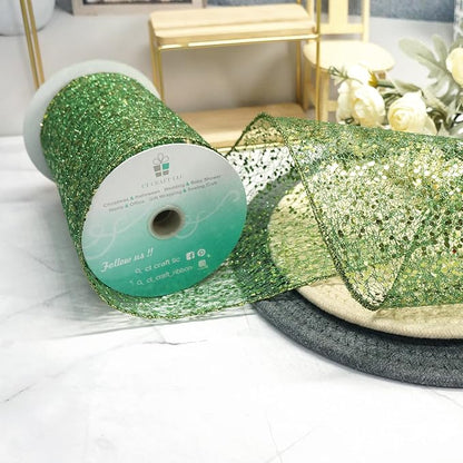 CT CRAFT LLC Sparkling Glitter Mesh Wired Ribbon 6" x 10 Yards Green - Image 4