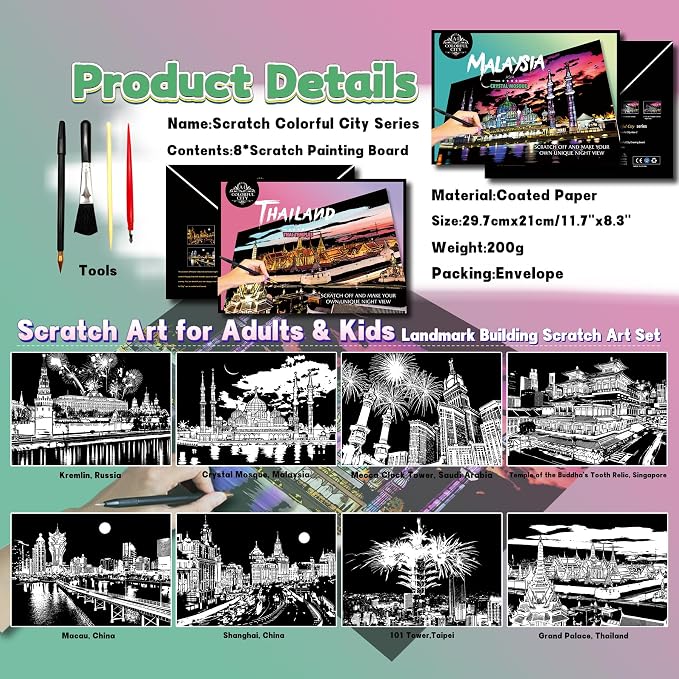 Scratch Art Painting Kit for Adults-8 Sheets A4 Rainbow Scratch Painting Paper - Image 2