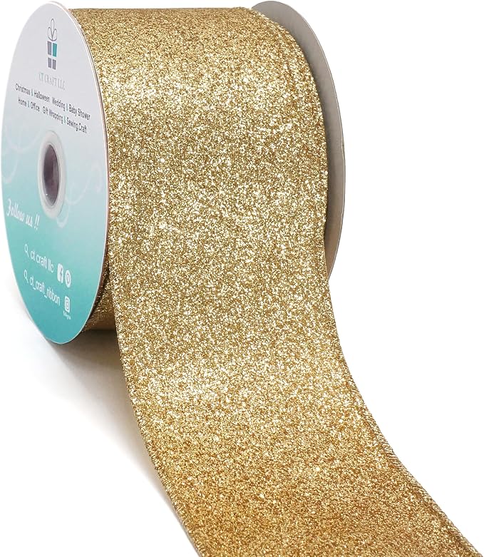 CT CRAFT LLC Glitter Wired Ribbon 2.5" x 10 Yards Light Gold by CTCRAFTLLC