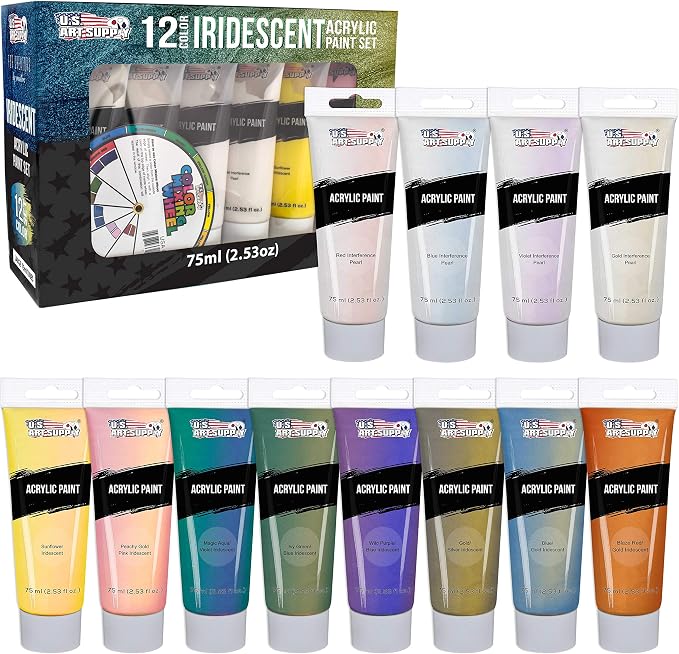 U.S. Art Supply 12-Color Iridescent Acrylic Paint Set Large 75ml Tubes by USArtSupply
