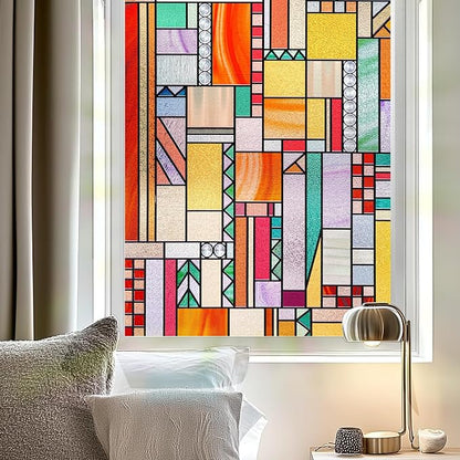 3D Stained Glass Window Privacy Film, Heat Control UV Blocking Static Cling by OHTMERU