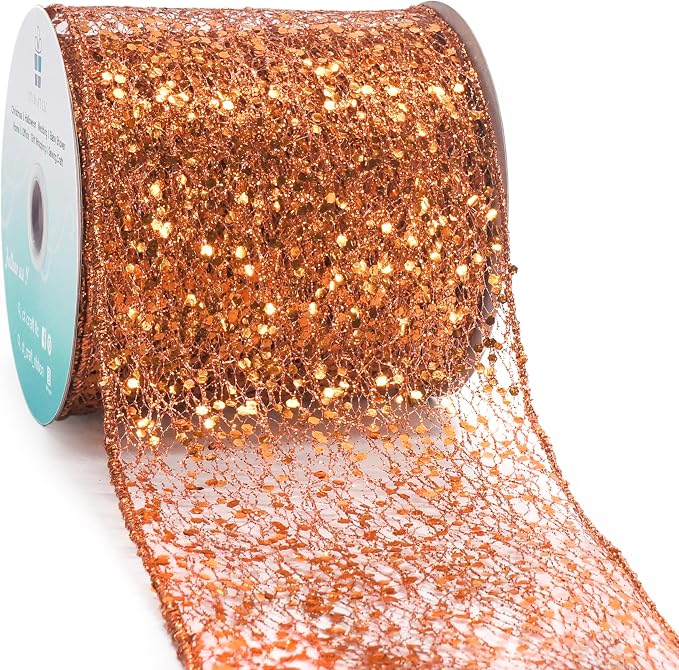 CT CRAFT LLC Sparkling Glitter Mesh Wired Ribbon 4" x 10 Yards Bronze Orange by CTCRAFTLLC