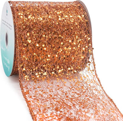 CT CRAFT LLC Sparkling Glitter Mesh Wired Ribbon 4" x 10 Yards Bronze Orange by CTCRAFTLLC